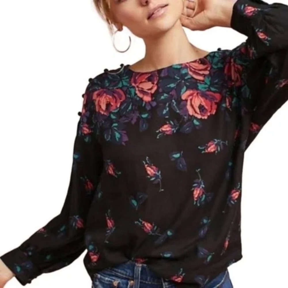 Maeve Anthropologie Womens Floral Linen Blend Tops size Small